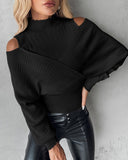 Cold Shoulder Overlap Hollow Out Knit Sweater