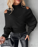 Cold Shoulder Overlap Hollow Out Knit Sweater