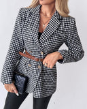 Houndstooth Pattern Double Breasted Blazer With Belt