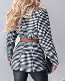 Houndstooth Pattern Double Breasted Blazer With Belt