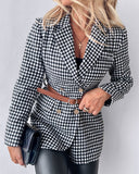 Houndstooth Pattern Double Breasted Blazer With Belt