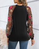 Floral Pattern Embroidery Sheer Mesh Ruched Lantern Sleeve Blouse Elegant Top