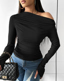 Skew Neck Ruched Long Sleeve Top