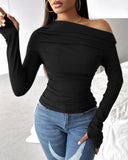 Skew Neck Ruched Long Sleeve Top