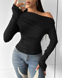 Skew Neck Ruched Long Sleeve Top