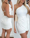 One Shoulder Backless Tied Detail Romper