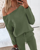 2PCS Solid Skew Neck Long Sleeve Top & Stretchy Waist Pants Set