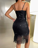 Allover Sequin V Neck  Spaghetti Strap Slit Mini Dress Fringe Party Dress