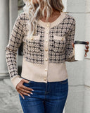 Plaid Pattern Round Neck Button Down Knit Cardigan