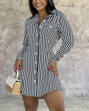 Striped Buttoned Long Sleeve Shirt Dress