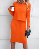 2PCS/Set Cable Knit Long Sleeve Sweater Top & Slip Midi Dress