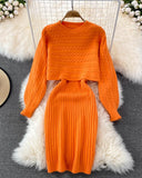 2PCS/Set Cable Knit Long Sleeve Sweater Top & Slip Midi Dress