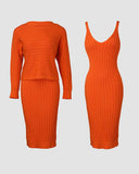 2PCS/Set Cable Knit Long Sleeve Sweater Top & Slip Midi Dress