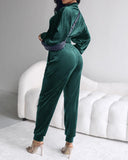 Stand Collar Zipper Design Velvet Coat &Cuffed Pants Tracksuit Set