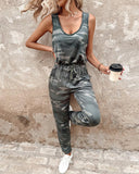 Camouflage Print Sleeveless Drawstring Jumpsuit