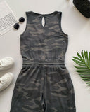 Camouflage Print Sleeveless Drawstring Jumpsuit