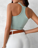 Seamless Buttoned V Neck Sleeveless Rib Knit Crop Top