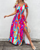 Abstract Print Cold Shoulder High Slit Maxi Dress