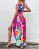 Abstract Print Cold Shoulder High Slit Maxi Dress