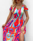 Abstract Print Cold Shoulder High Slit Maxi Dress