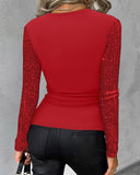 Contrast Sequin V Neck Slim Fit Ruched Long Sleeve Blouse Casual Pullover