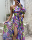 Lantern Sleeve One Shoulder High Slit Floral Maxi Dress