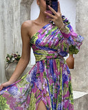 Lantern Sleeve One Shoulder High Slit Floral Maxi Dress