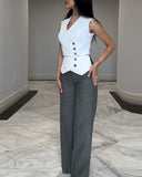 2PCS Button Decor Vest Crop Top & Colorblock Straight Leg Pants Set