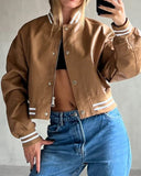 Striped Snap Button Zipper Design Crop Bomber Jacket