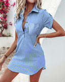 Striped Buttoned Pocket Design Casual Dress