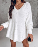 Beaded Decor V neckline Long Sleeve Fluffy Oversized Sweater