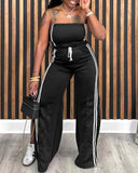 Stripe Print Bandeau Sleeveless Drawstring Slit Wide Leg Jumpsuit Casual Overalls