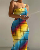 Denim Look Print Rainbow Ombre Cutout Bodycon Dress