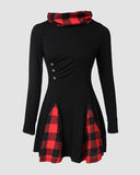 Plaid Pattern Funnel Neck Long Sleeve Casual Dress