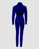 Velvet Zipper Design Ruched Long Sleeve Jumpsuit With Elastic Waistbelt