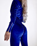 Velvet Zipper Design Ruched Long Sleeve Jumpsuit With Elastic Waistbelt