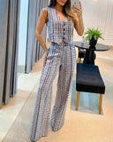 Plaid Print Buttoned Tank Top & Wide Leg Pants Set