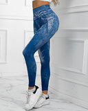 Denim Look Print High Waist Sports Leggings