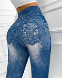 Denim Look Print High Waist Sports Leggings