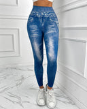 Denim Look Print High Waist Sports Leggings