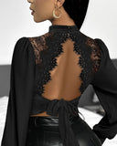 Eyelash Crochet Lace Backless Tied Detail Bodysuit