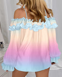 Ombre Cold Shoulder Lantern Sleeve Frill Ruffle Hem Blouse Top