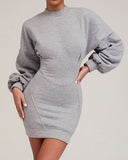 O neck Lantern Sleeve Mini Bodycon Sweatshirt Dress