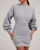 O neck Lantern Sleeve Mini Bodycon Sweatshirt Dress