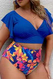 Casual Print Solid Patchwork V Neck Plus Size Swimwear (With Paddings)