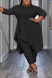 Casual Solid Flounce O Neck Plus Size