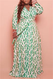 Fashion Casual Plus Size Print With Belt V Neck Long Sleeve Dresses