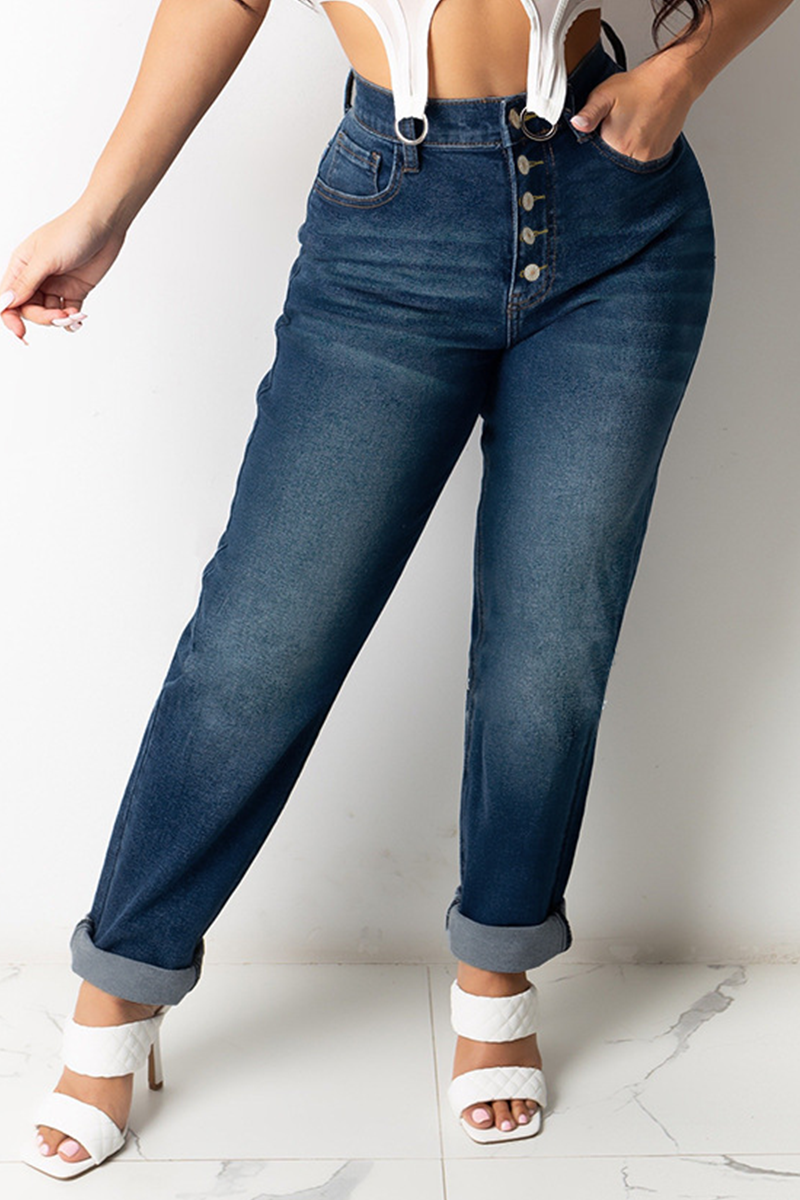 Casual Solid Buckle Mid Waist Straight Denim Jeans