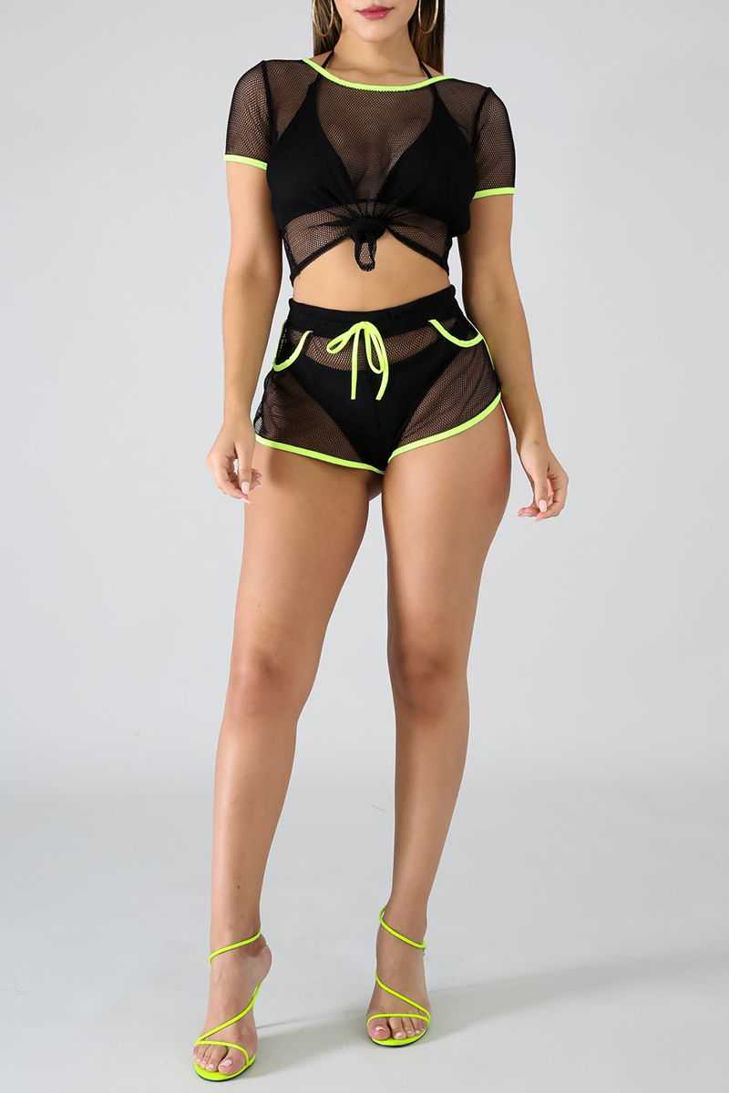 Sexy Solid Split Joint O Neck Short Sleeve Two Pieces