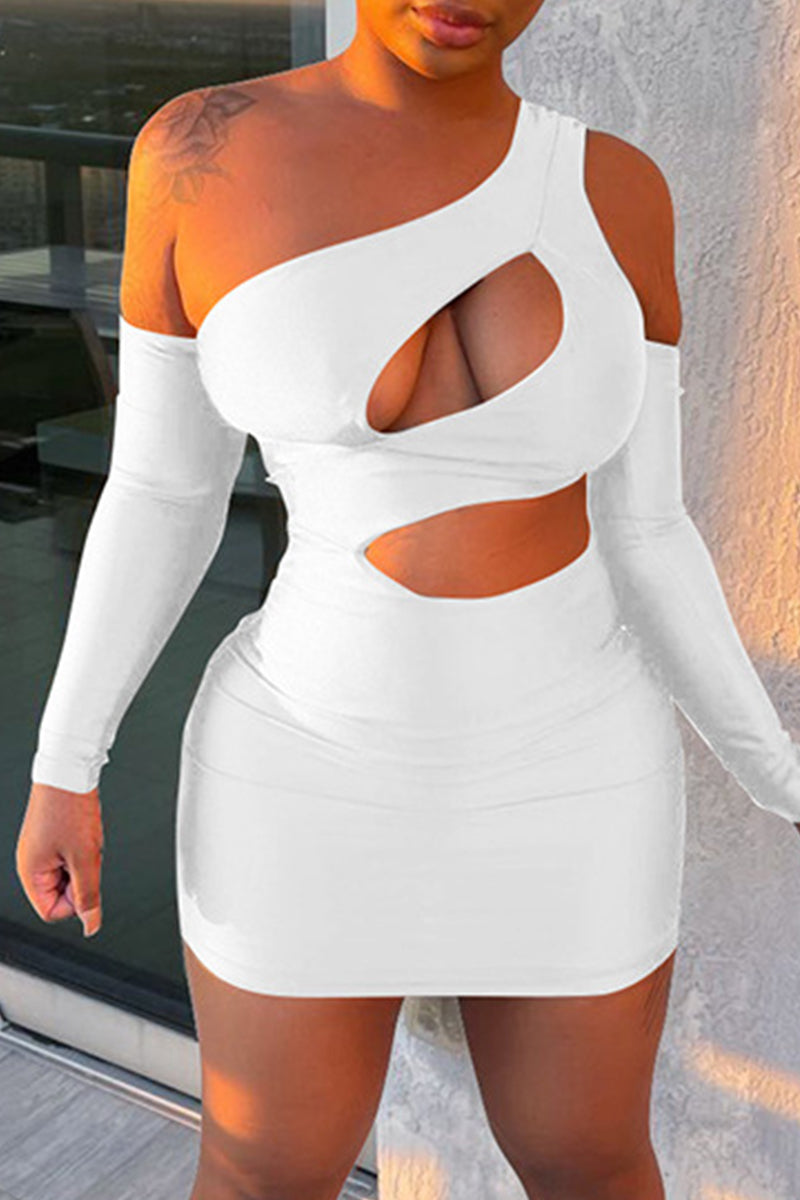 Fashion Sexy Solid Hollowed Out Backless One Shoulder Long Sleeve Dresses